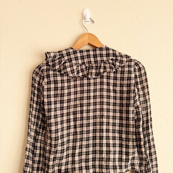 Doen Joelle Navy Counrty Side Plaid Checked Ruffle Collar Button Down Top Size S - Picture 6 of 7